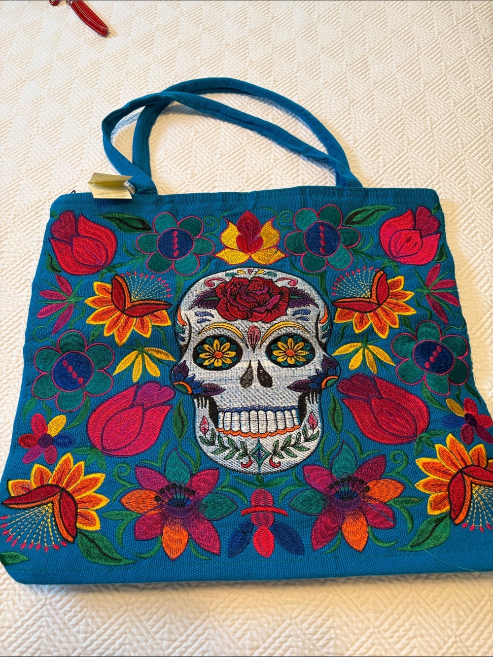 Embroidered Blue Sugar Skull Tote Bag with Floral Accent’s